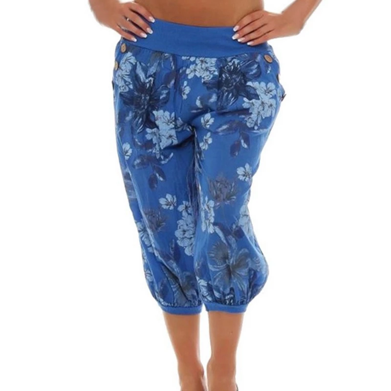 

LITTHING 2019 Women Summer Solid Women Short Floral Print Trouser Loose Knee Length Trousers Female Soft Elastic Waist Lady