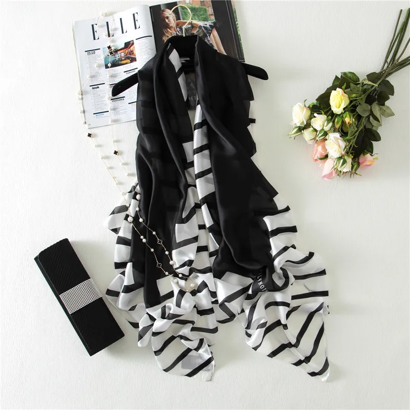 

2019 Spring Luxury Brand Plain Black White Striped Real Silk Shawl Scarf Fashion Digital Print Echarpe Foulard Femme Hijab Caps