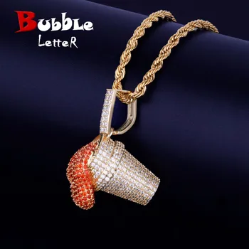 Men's Lean Red Cup Drank Iced Pendant Necklace Free Steel Rope Chain Gold Silver Color Cubic Zircon Hip hop Jewelry For Gift