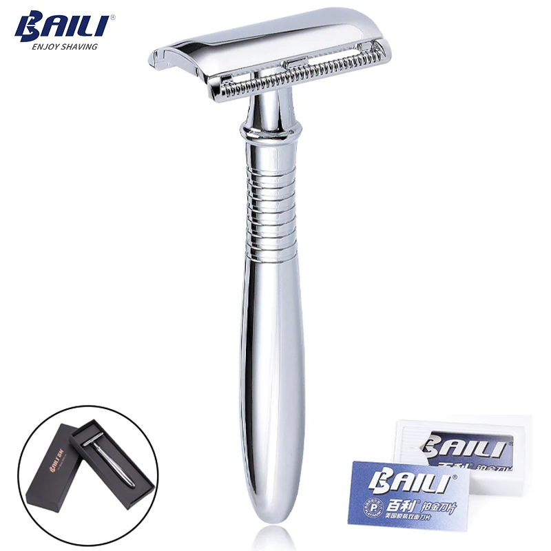 BAILI Manual Chrome Long Handle Men's Barber Shaving Safety Blade Razor Classic Stainless Shaver +5 Blades +Case BD191