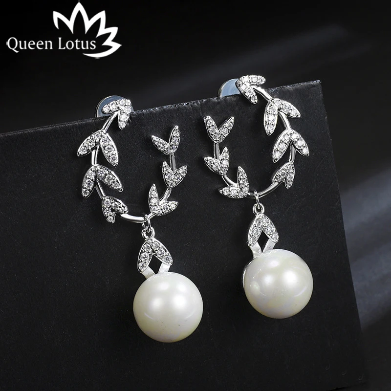

Queen Lotus New AAA Zircon Leaf Pearl Dangle Earrings Women Drop Earrings Jewelry Baroque Tassel Earrings Gift