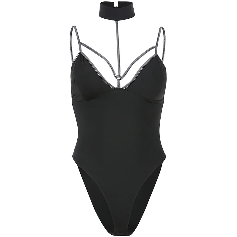 JIEZuoFang Panelled Spaghetti Strap Sexy Deep V-neck Choker Bodysuit Women Summer Backless Bodycon Tank Bodysuits Black Gothic JIEZuoFang Panelled Spaghetti Strap Sexy Deep V-neck Choker Bodysuit Women Summer Backless Bodycon Tank Bodysuits Black Gothic