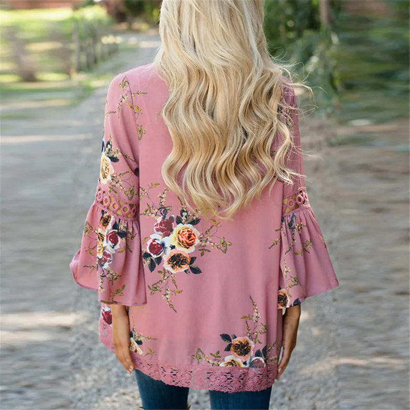 Gladiolus 2019 Spring Womens Tops And Blouses Loose Floral Print Flare Sleeve Lace Women Kimono Cardigan Summer Shirts Plus Size (49)
