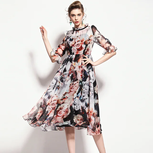 Summer Style Qin Peier Brand Agent Spring And Lotus Sleeve Summer Style Qin Peier Brand Agent Spring And Lotus Sleeve Art Print Dress Marilyn Monroe