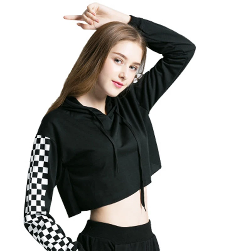 Casual Tops Plaid Long-sleeved Women's Head Stitching Short Paragraph Navel Ladies Slim Hooded Shirt Women 2019 Casual Tops Plaid Long-sleeved Women's Head Stitching Short Paragraph Navel Ladies Slim Hooded Shirt Women 2019