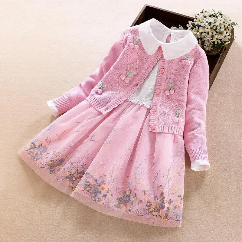 Платье для девочек; Детские платья с длинными рукавами; Одежда для девочек; коллекция года; сезон осень-зима; пуловер для девочек; вязаные свитера; платье; vestido infantil - Цвет: Розовый