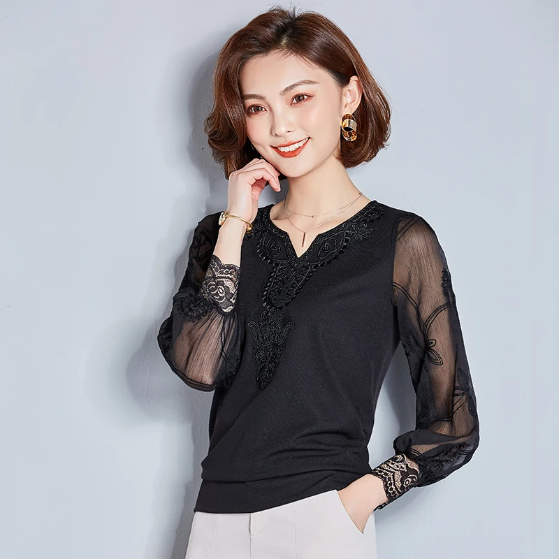 2019 mujeres Blusas Tops y Ropa de manga larga de encaje de malla blusa Blusas Femininas Ropa de Mujer negro rojo caqui 2019 mujeres Blusas Tops y Ropa de manga larga de encaje de malla blusa Blusas Femininas Ropa de Mujer negro rojo caqui