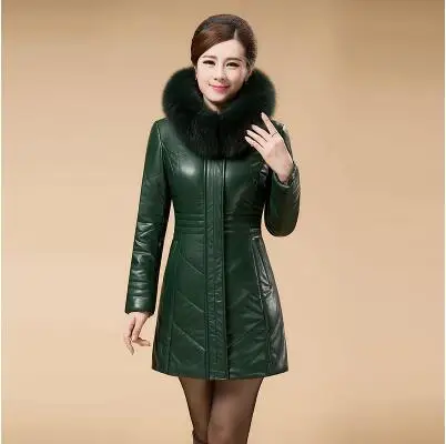 Зимние теплые женские парки размера плюс 4XL 5XL, кожаное пальто с меховым капюшоном для женщин большого размера, утепленное пуховое хлопковое пальто Ds50277 - Цвет: green