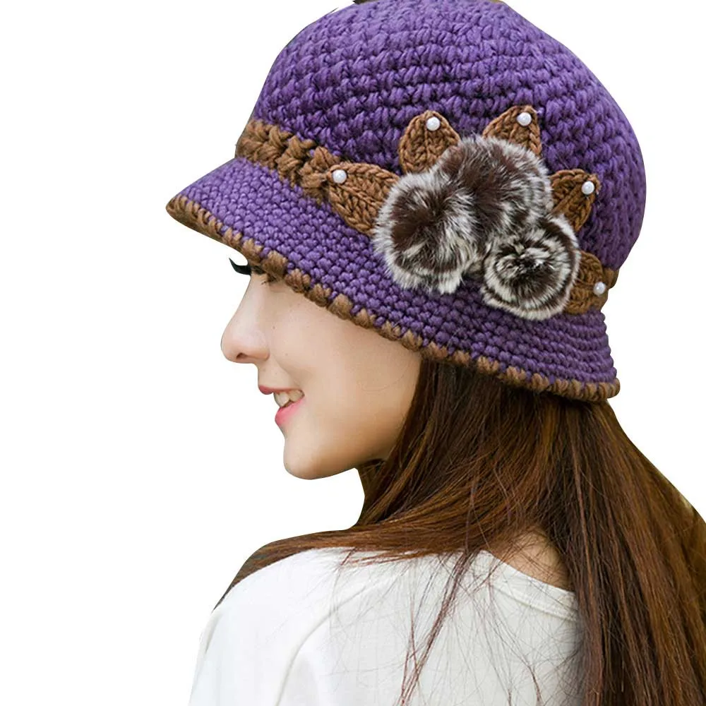 Новинка, женская зимняя модная теплая шапка, вязаная шапка, украшенные цветами, уши, шляпа сомбреро - Цвет: Purple