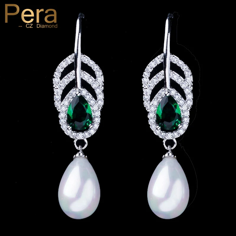 

Pera Elegant Women Party Ear Drop Jewelry Accessories Big Green CZ Crystal Stone With Sumulated Pearl Long Hoop Earrings E390