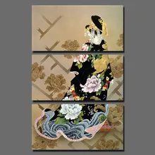 3 pcs Big Size Japan Style Black Kimono Picture decoration Japanese Peony Flowers Canvas Painting wall Art home decor unframed