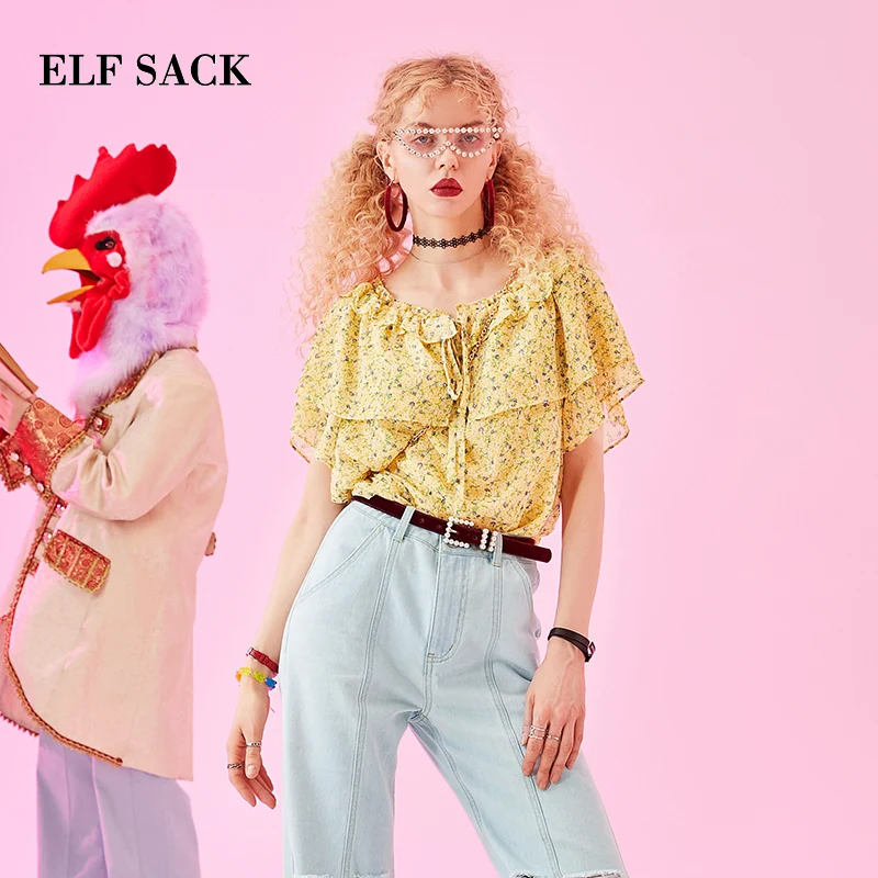 Женская блузка с рукавами бабочками ELFSACK черная Повседневная Блузка цветочным