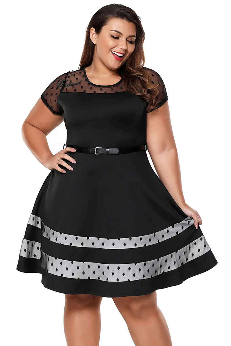 Black-Dotted-Mesh-Insert-Flare-Plus-Size-Dress-with-Belt-LC61970-2-3