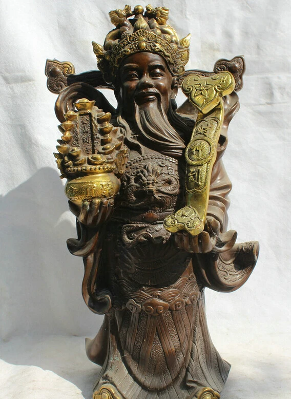 

S5613 20" Chinese Bronze Gild Folk stand treasure bowl Mammon Money Wealth God Statue D0318
