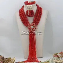 Custome Африканские свадебные хрустальные бусины комплект ювелирных изделий красный нигерийский Свадебный Африканский бисер ювелирные изделия AMJ917