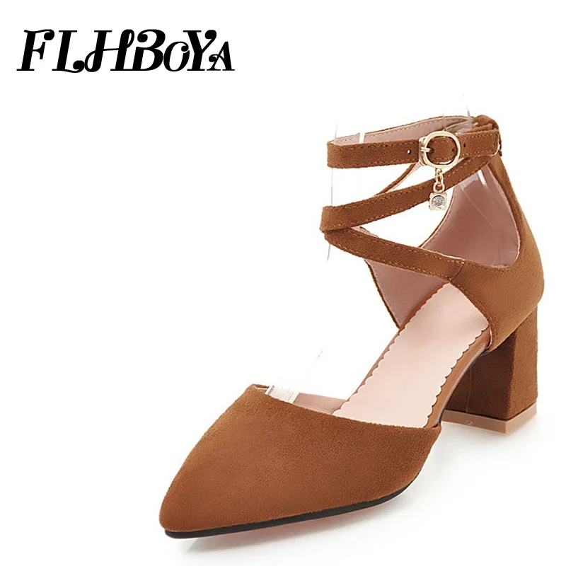 

2018 New Women Summer Ankle Cross strap Square Heels Sandals Woman Pointed Toe Shoes High Block Heels Kid Suede Sweet Lady Pumps