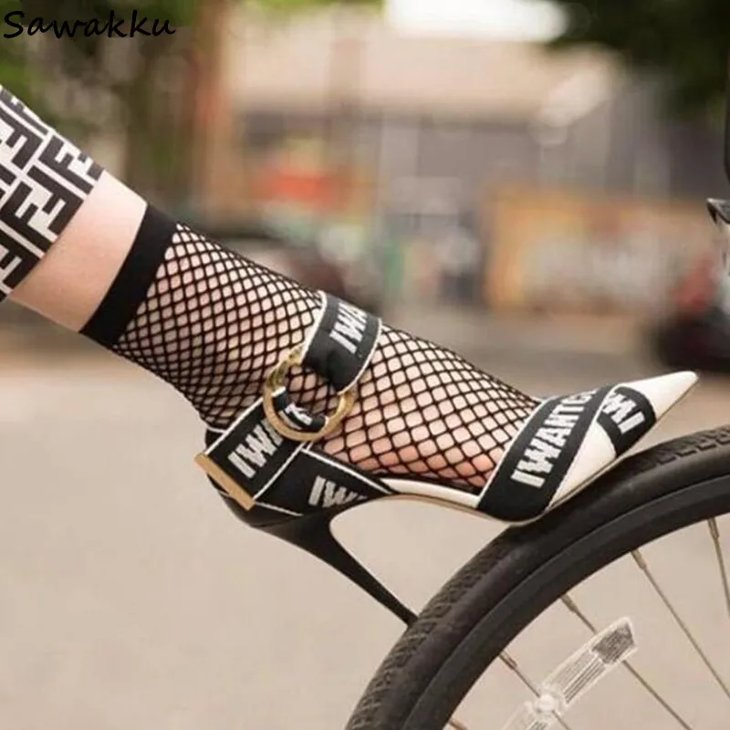 

Italian Women Shoes Black-White Pumps Letters Printed Female Stiletto High Heels Pointed Toe Ladies Cross Strap Wedding Pumps