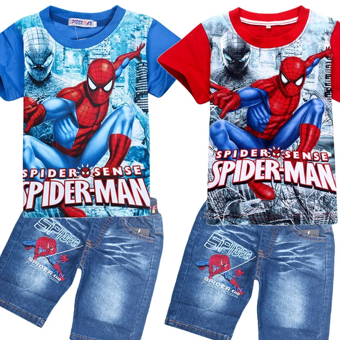 Костюмы с супергероями комплекты хлопковой одежды для мальчиков футболка с короткими рукавами с человеком-пауком+ джинсы, комплект для мальчиков, летний спортивный костюм с рисунками для малышей, Кепка