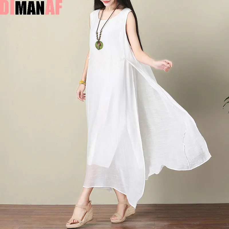 DIMANAF Women Dress Plus Size Summer Linen Sleeveless Sundress Split ...