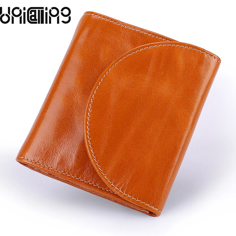 

UniCalling genuine leather short women wallet solid color Oil Wax Cowhide purse Fashion Top grade hasp mini wallet women