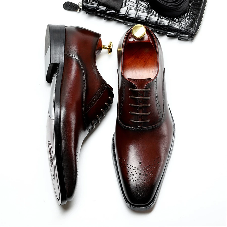 Men Genuine cow leather brogue wedding Business mens casual flats shoes 2020 black burgundy vintage oxford shoes for men's shoe
