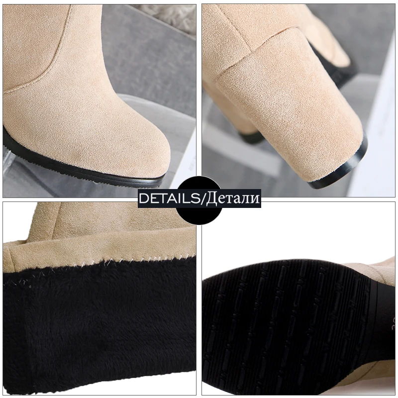 JK/большие размеры 32-46; коллекция года; зимние женские растягивающиеся сапоги; обувь из флока с круглым носком на толстом высоком каблуке; теплая женская обувь на меху; новые сапоги