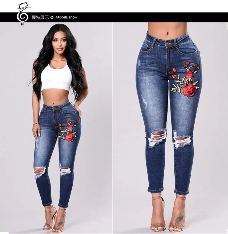 Black Embroidery Jeans Mid Waist Ripped Slim Skinny Jeans Woman Push Up