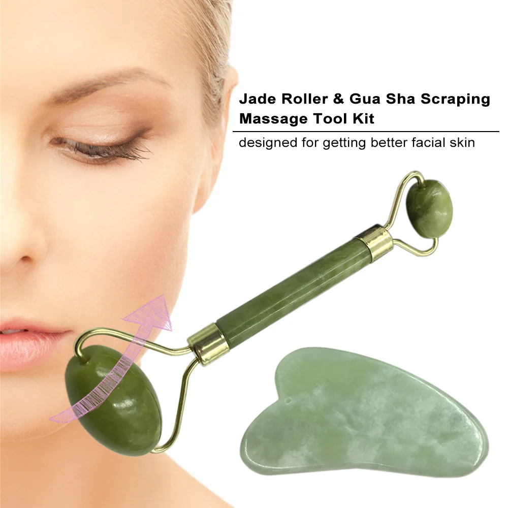 Jade Roller& Gua Sha Scraping Massage Tool with Protective Box for Facial Skin Care Anti-aging Facial Jade Stone Set Face Eye Neck Beauty Roller