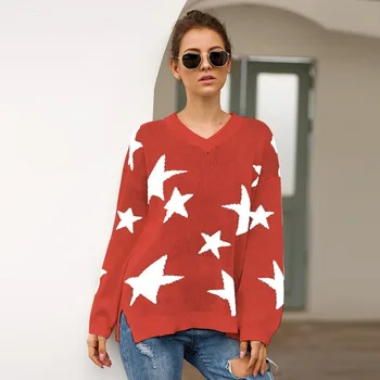 

New 2019 Autumn Winter Harajuku Women Red Black Star Pattern Knitted Sweaters Pullovers Korean Female Loose Sweater Jumper