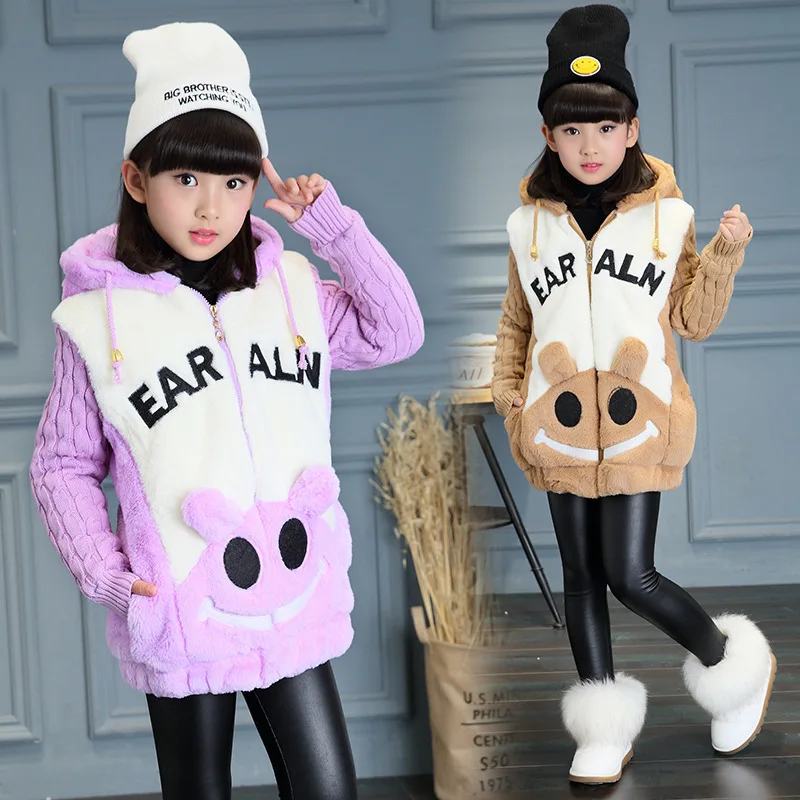 

Cartoon Baby Girl Winter Coat Letter Embroidery Knitted Sleeve Kid Hooded Overcoat Soft Cotton Children Thick Warm Outwear