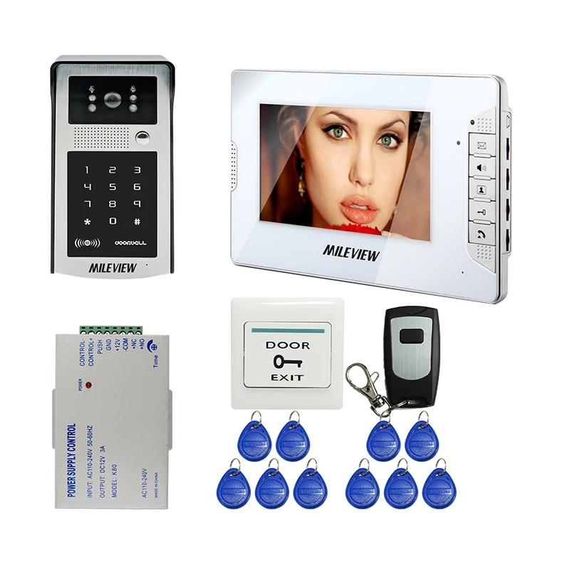 

Free Shipping Wired 7" Video Door Phone Intercom System white Monitor + 700TVL Outdoor RFID Code Keypad Number Camera + Remote