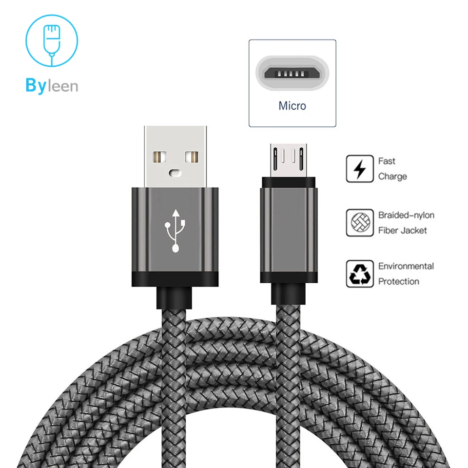 Byleen 0,25/1/2 m Micro USB кабель для быстрой зарядки USB 2,0 зарядное устройство для huawei Y5 Y6 P smart P8 Lite Honor 9 Lite кабель - Тип штекера: Gray