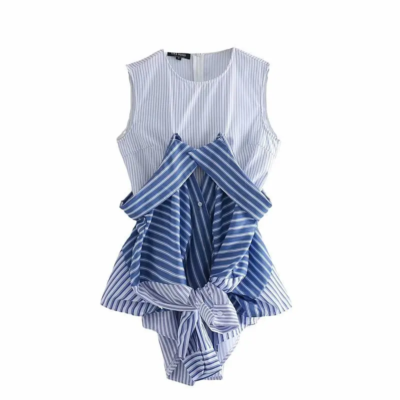 

Ningning 75-1353 European and American Fashion Blue and White Stripe Fake Two Shirts