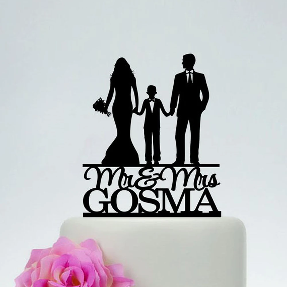 Personalized Family Wedding Cake Topper,Bride and Groom with little boy Cake Topper, Mr and Mrs Wedding Topper Decor Supplies