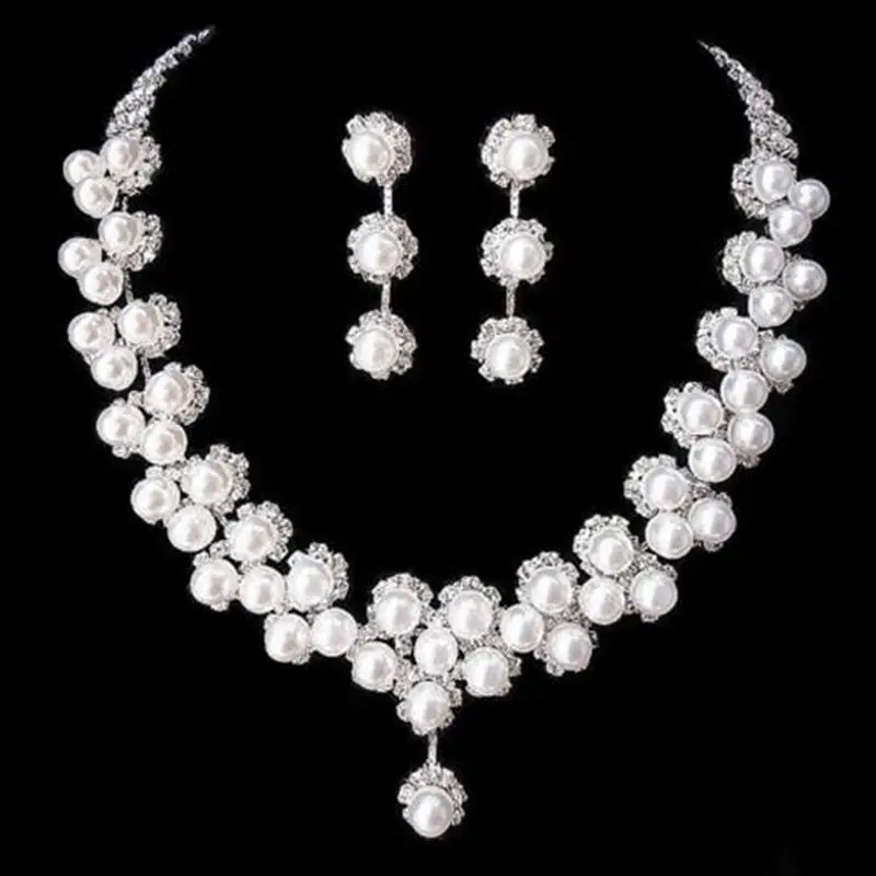 

Wedding Bridal Rhinestone Crystal Pearl Necklace Earring Pendant Jewelry Sets