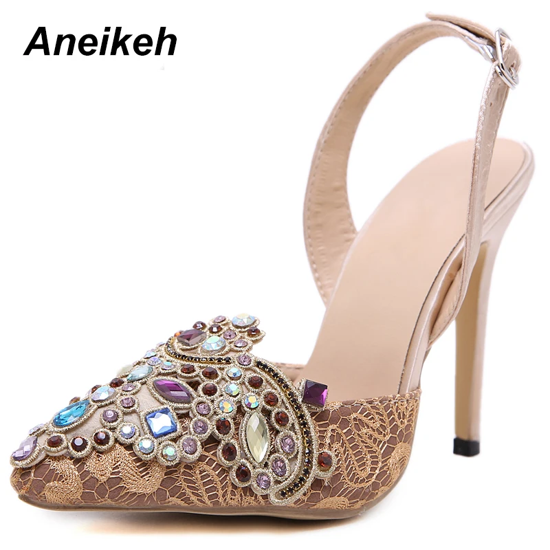 Aneikeh 2019 Spring Sexy Pumps Fashion Rhinestones Diamond Beaded Super High Thin Heeled Pointed Toe Slingbacks Women Shoes