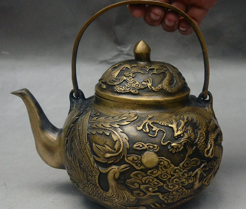 

8" Old China Royal FengShui Bronze Dragon Phoenix Teapot Wine Pot Flagon Kettle