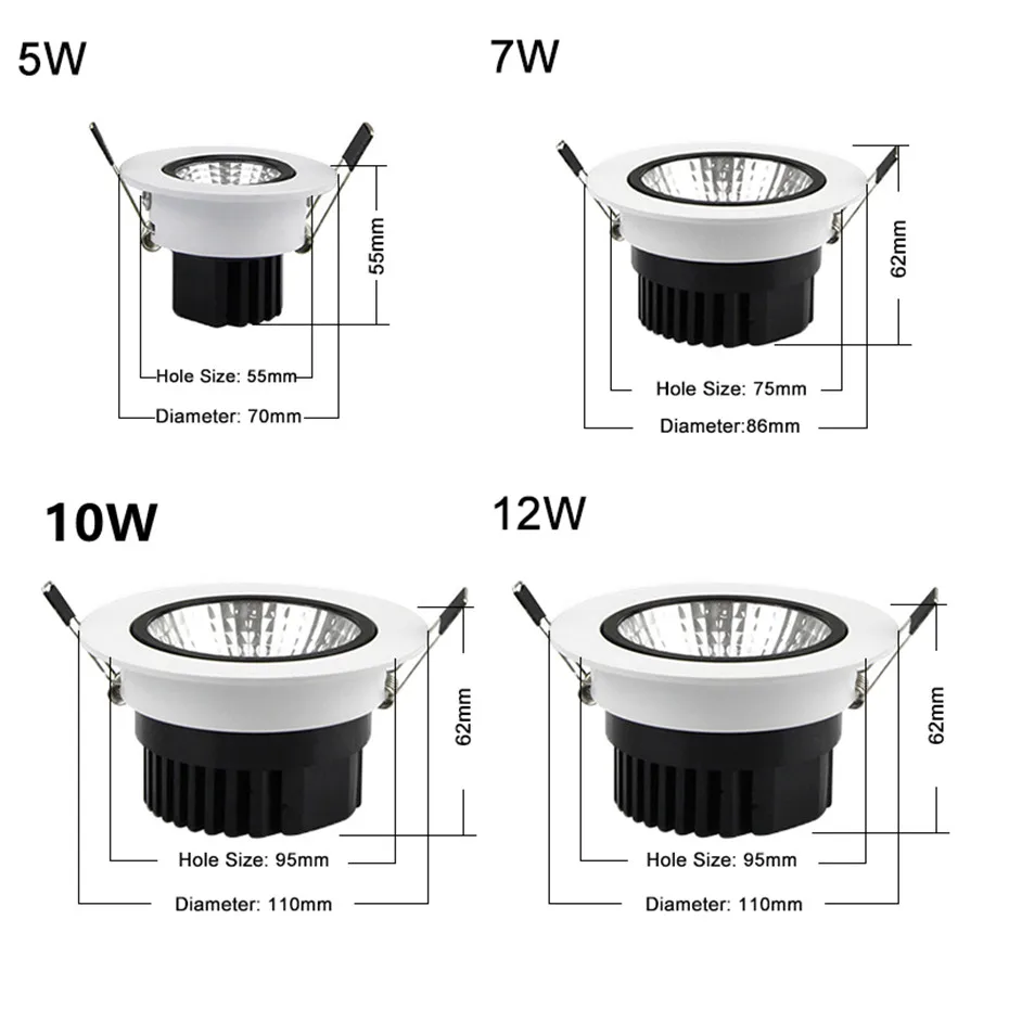 Супер яркий Встраиваемый светодиодный COB даунлайт с регулируемой яркостью 5 Вт 7 Вт 10 Вт 12 Вт Светодиодный точечный светильник светодиодный потолочный светильник AC 110 В 220 В белый \ теплый белый