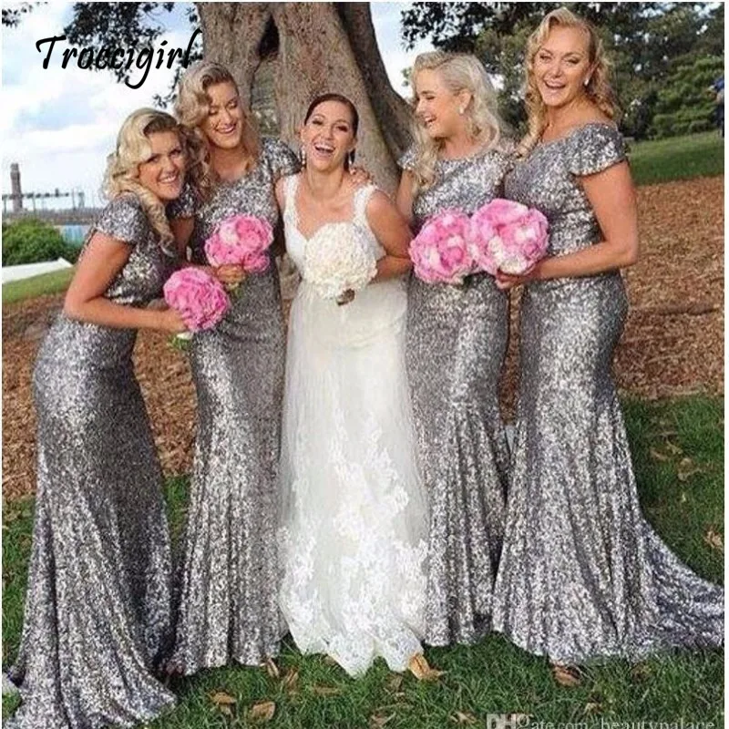 3-1  Plus Size silver Shining Sequin Bridesmaid Dresses Sexy Backless Long Wedding Party Gowns Simple Maid of Honor Dress