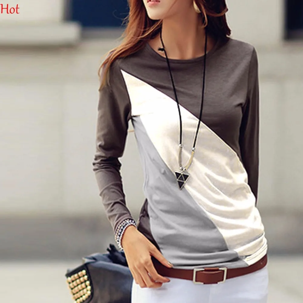 

Women Long Sleeve Undershirt Spring Autumn Tshirt Casual O Neck Patchwork Tees Contrast Color Fitted Slim T-Shirt Tops LPH001309