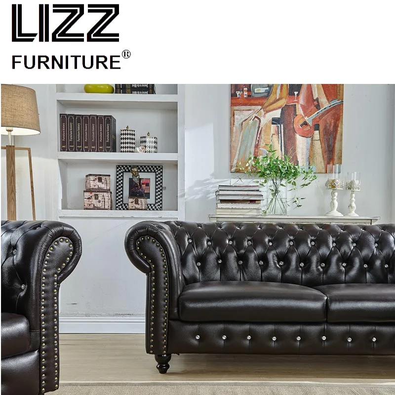 Classical leather sectional morden retro furniture Button Tufted Chesterfield sectioanl couch sofa chair Chinese furniture