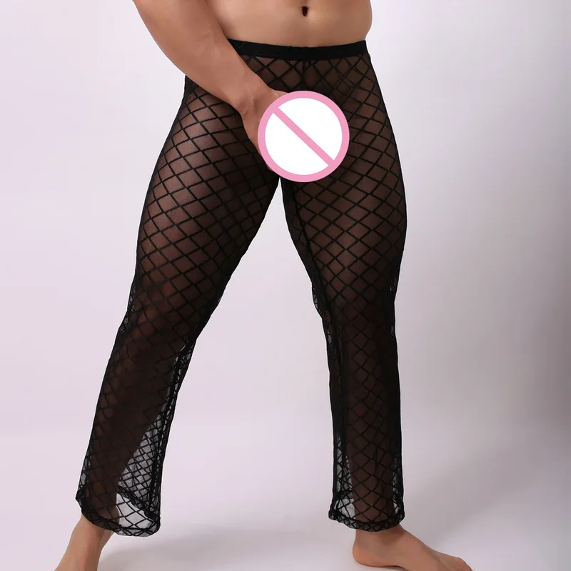 

Sexy Men Long Pants Breathable Thin Mesh Pajamas Trousers Pajamas Pants Stage Performance Transparent Male Sleep Bottoms