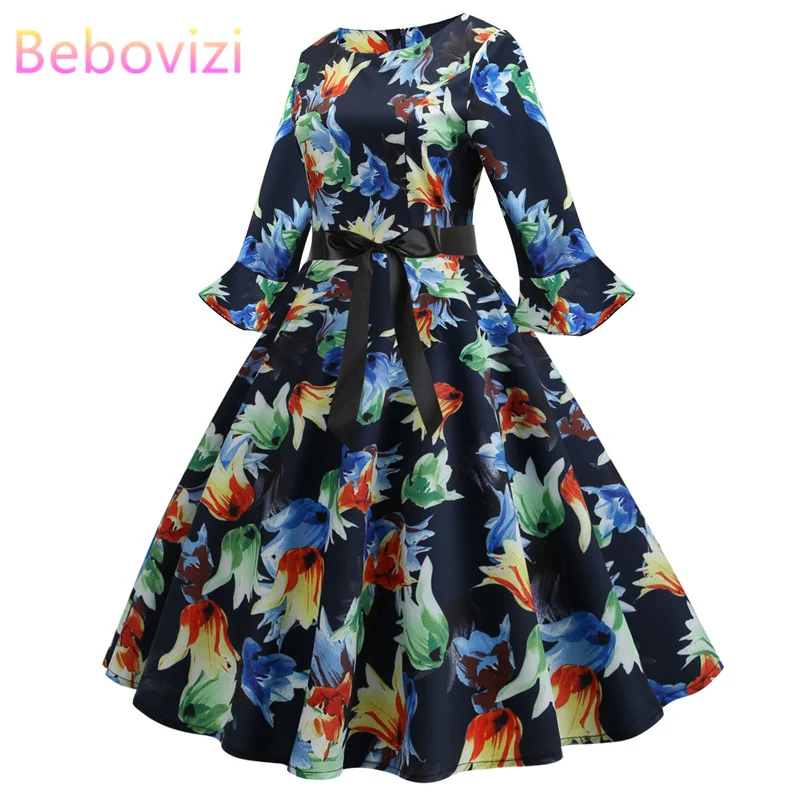 

Bebovizi Vestidos Verano 2019 50s 60s Vintage Dresses Fashion Women Evening Sexy Party Flower Print Casual Office Bandage Dress