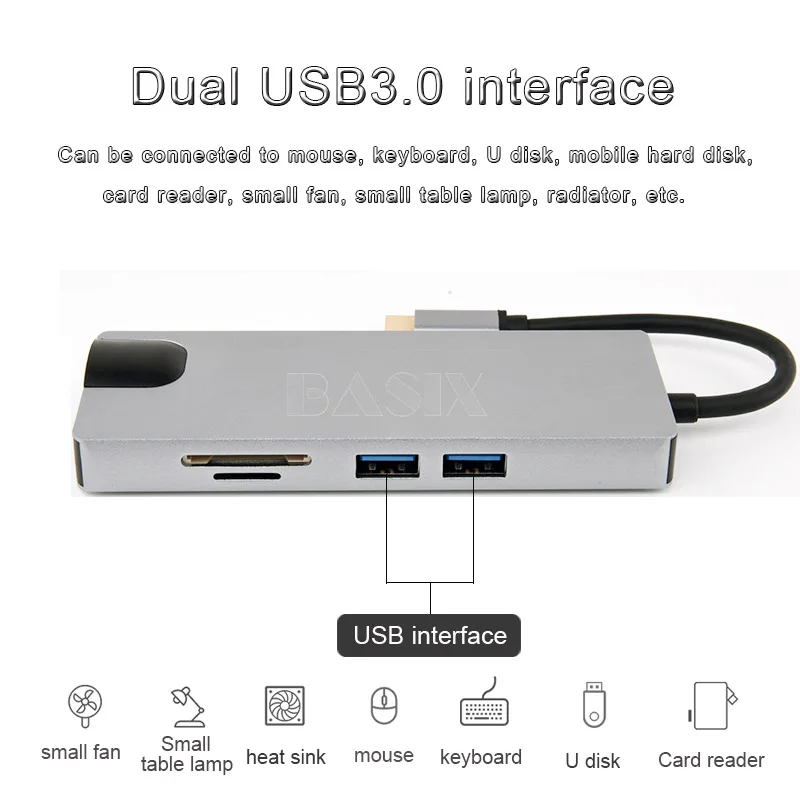 Basix USB-C концентратор до 4 к HDMI VGA RJ45 гигабитный Ethernet Тип C концентратор USB 3,0 порт SD/TF кардридер для Macbook Pro huawei P20 Pro