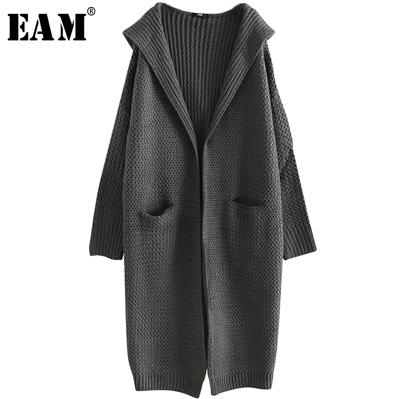 Grey À Mode Femme Manches De Dark Longues Capuche Poche Tricoté Cardigan eam 2019 Printemps Pull Fendue Nouveau Lâche Bl814 Décontracté Commune YBnqRxC