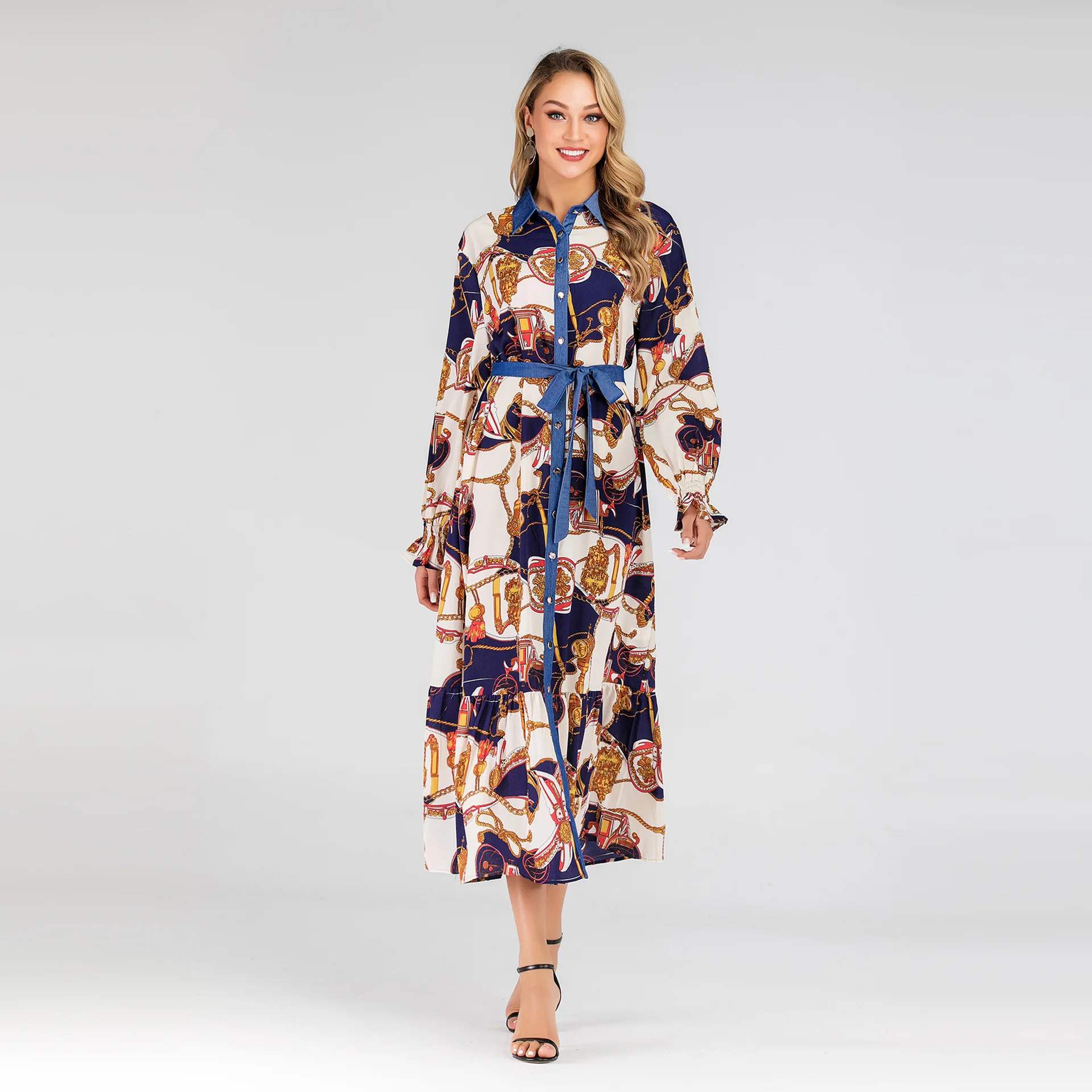 

2019 Fashion Button Front Adult Abaya Jilbabs And Abayas Muslim Print Clothing Female Long-sleeved Arab Dress 2227