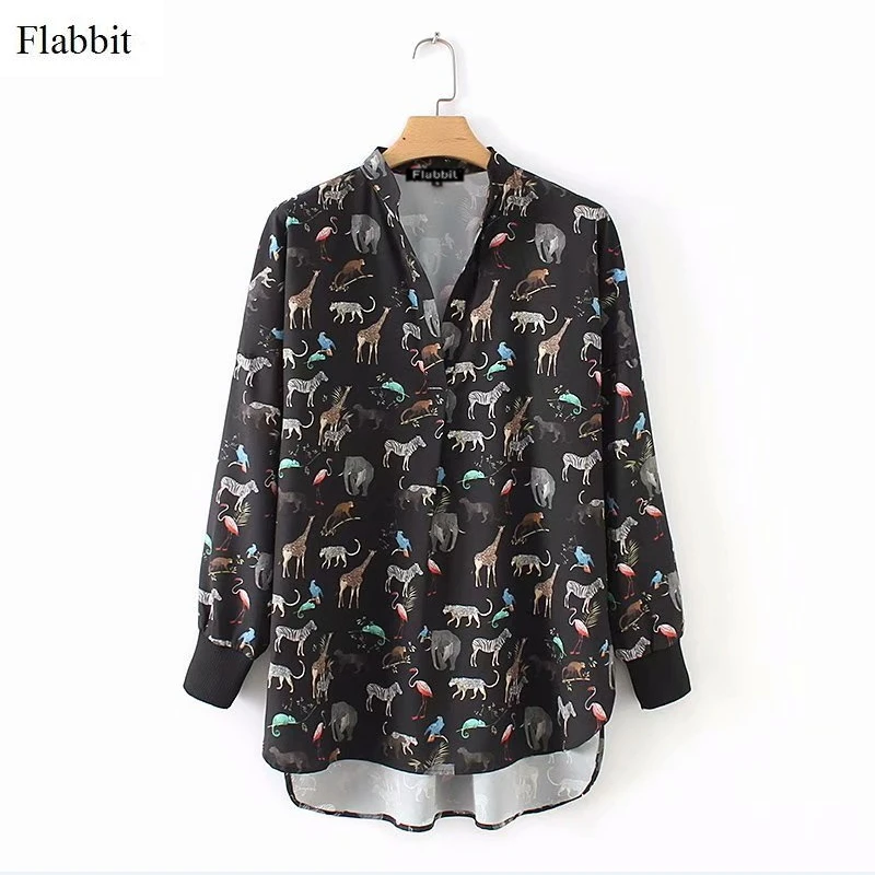 

Flabbit women vintage cute animal print smock shirts blouse women v neck casual slim femme blusas office business tops LX0386