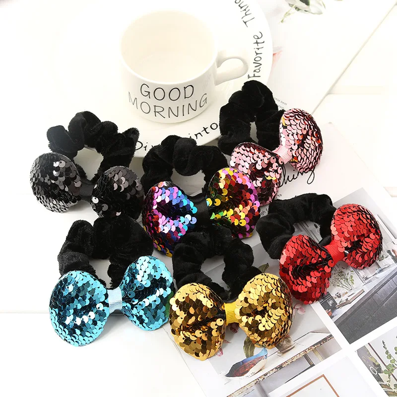 

Fashion Sequin Women Scrunchies Glitter Bow Hair Ties Velvet Elastic Hair Band Girls Ponytail Holder Rope Women Hair Accessories