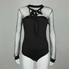 Nuevo 2022 verano Bodysuit mujer Sexy lazo negro Mock Neck Patchwork manga larga espalda señoras encaje malla Bodysuit transparente Tops ► Foto 3/5