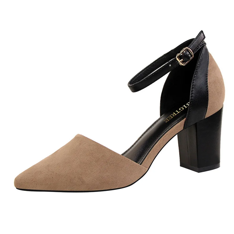 

New Female Summer Thick Heel Pumps Hollow High Heels Shoes Point Thick Suede Color Matching Sandals Buckle Sandal 9696-1